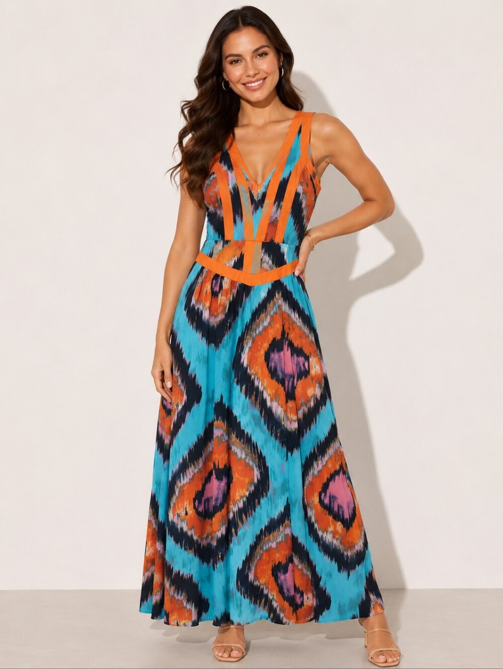 GB Maxi Dress Vneck Size 13 Maxi Orange Blue Abstract Sleeveless